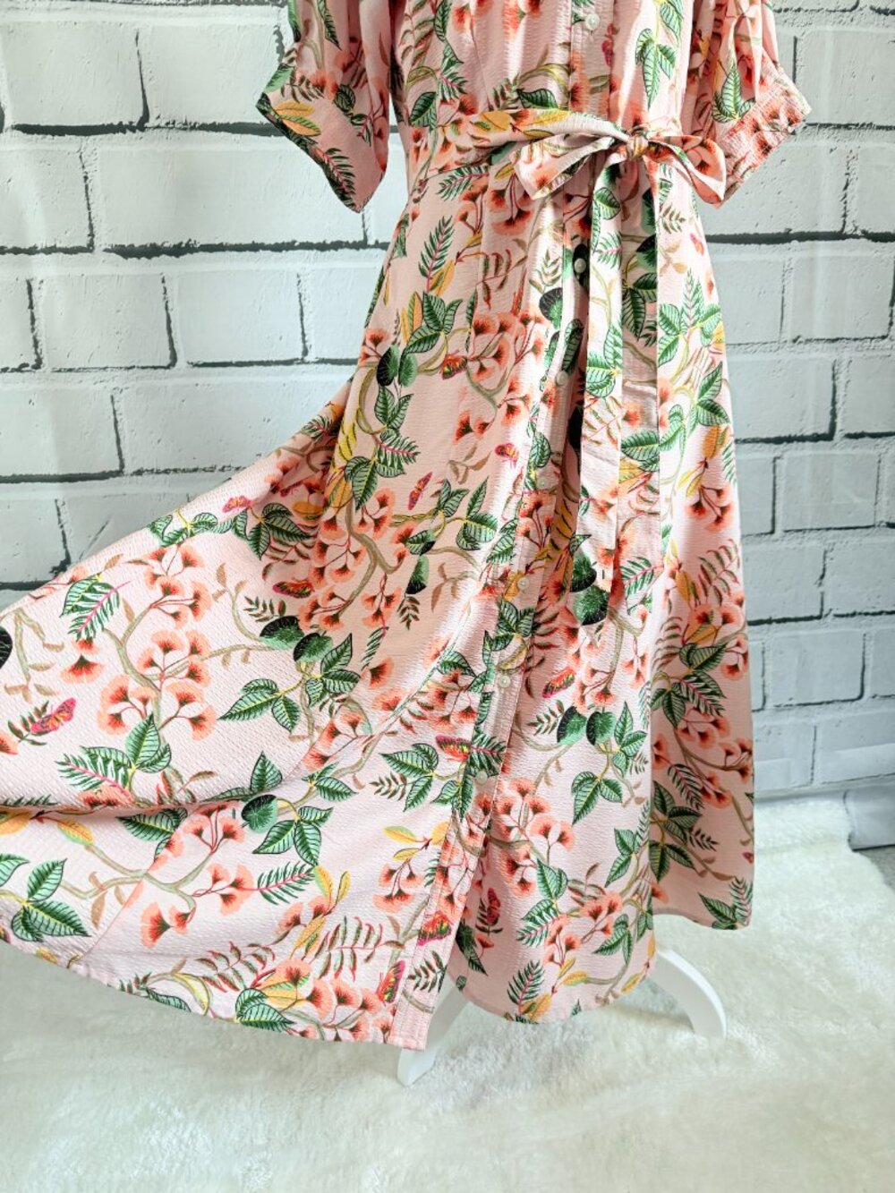 LOFT Pink Floral Tie Waist Midi Dress Size 2 Lined Button Front - Picture 5 of 13